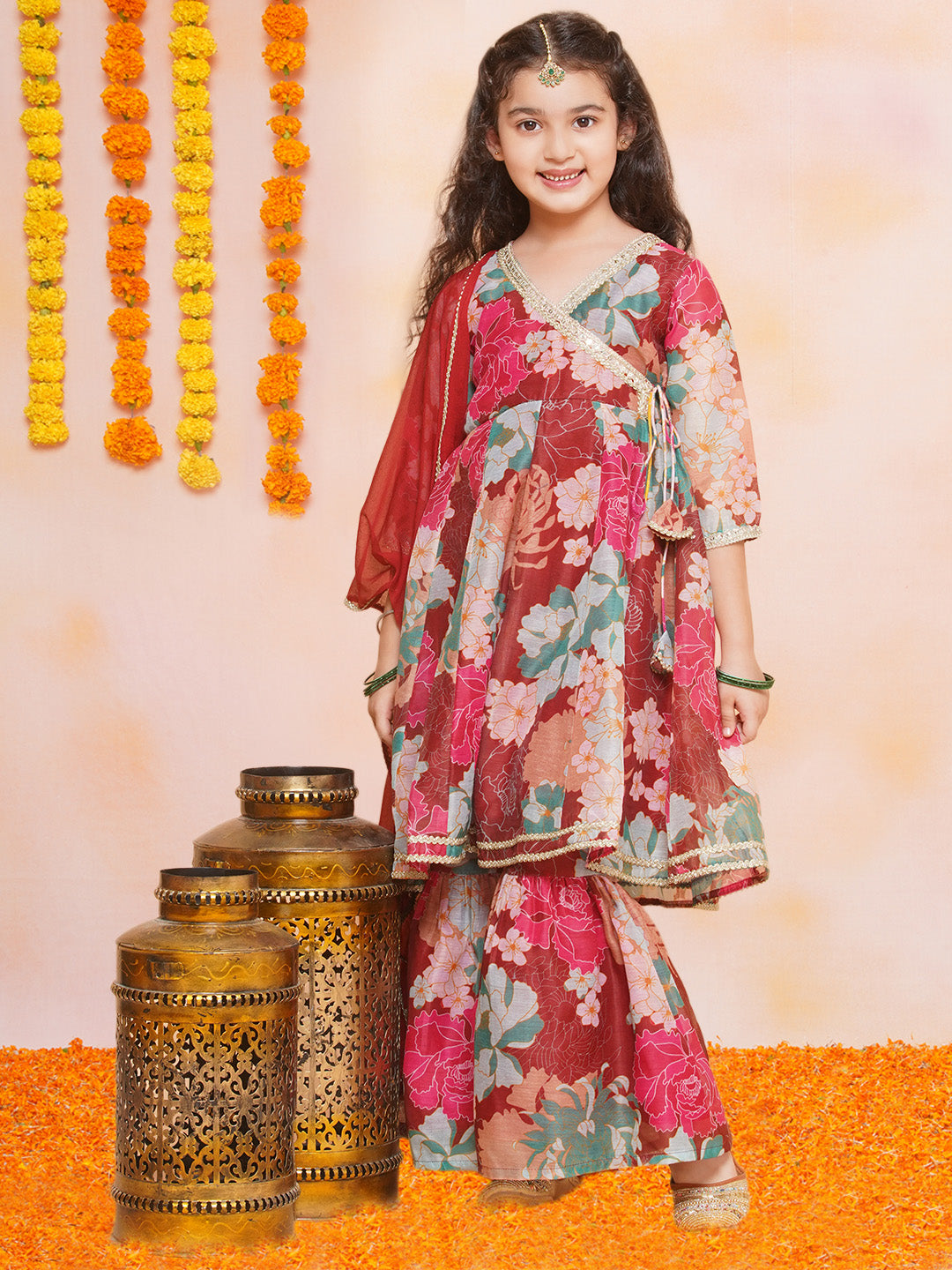 Bitiya by Bhama Girls Maroon Multi Printed Angrakha Kurta with Sharara & Dupatta