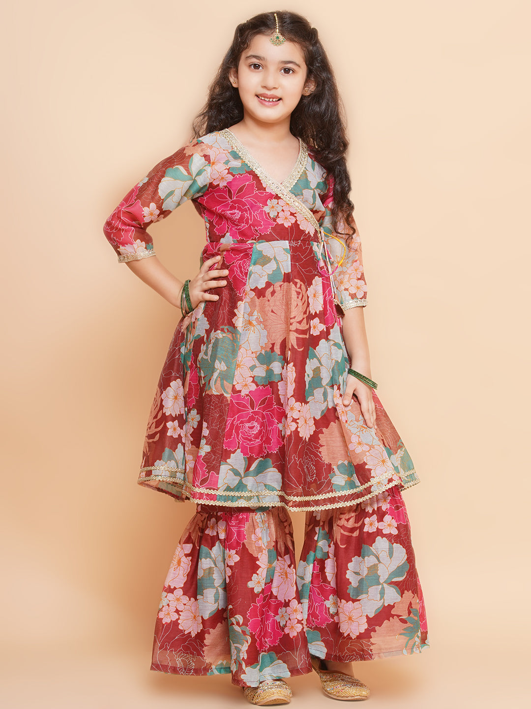 Bitiya by Bhama Girls Maroon Multi Printed Angrakha Kurta with Sharara & Dupatta