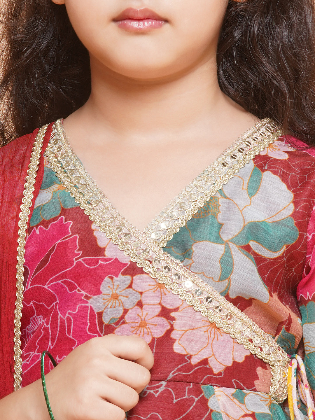 Bitiya by Bhama Girls Maroon Multi Printed Angrakha Kurta with Sharara & Dupatta