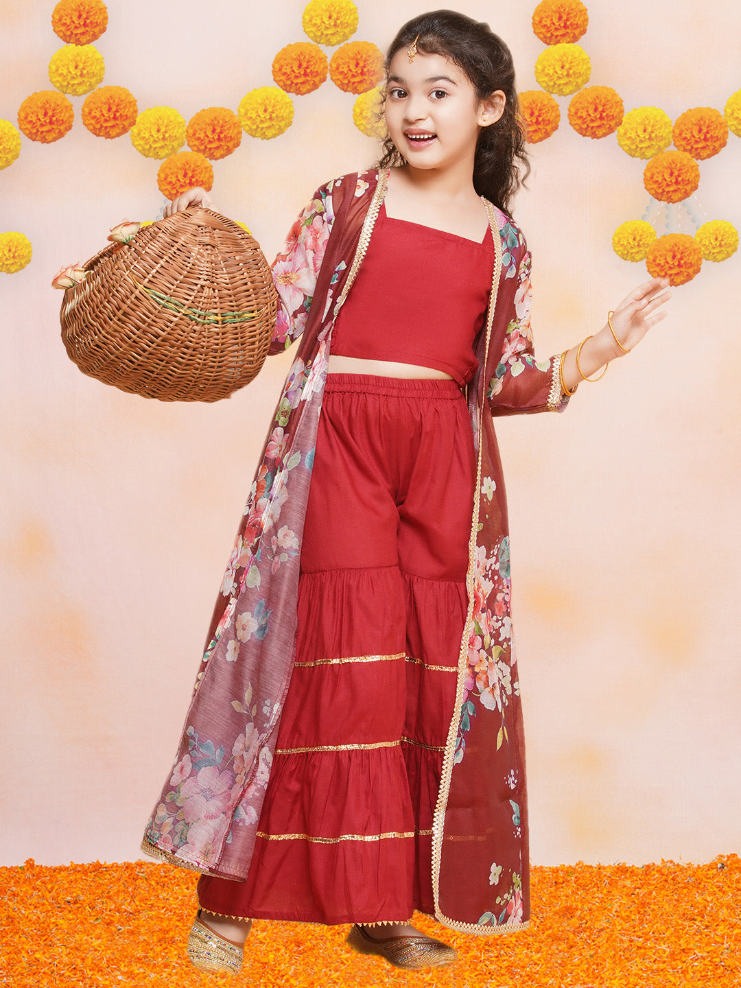 Bitiya by Bhama Girls Maroon Cami Saharara with Floral printed shrug