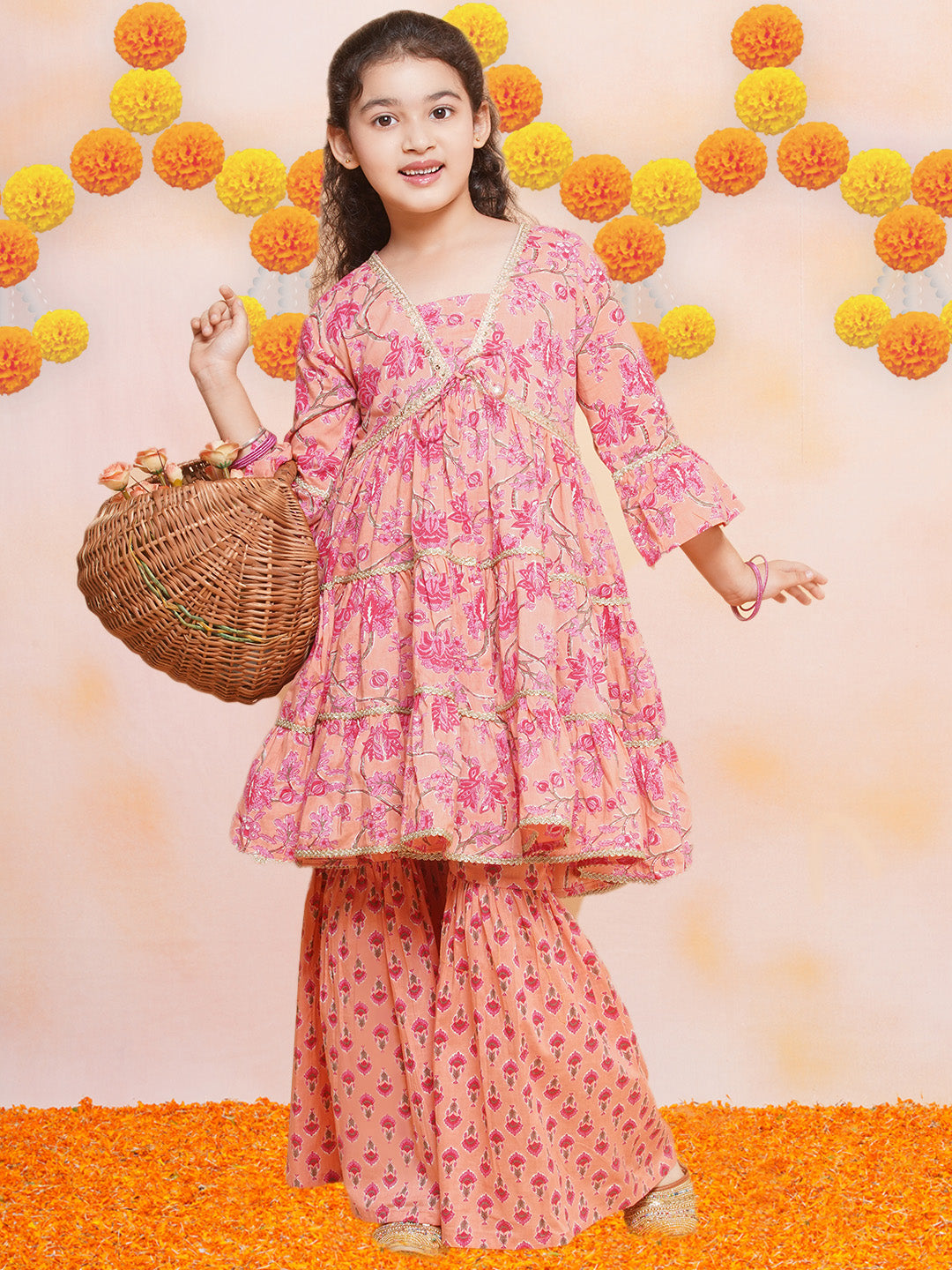 Bitiya by Bhama Girls Peach Printed V- Neck Kurta with Sharara