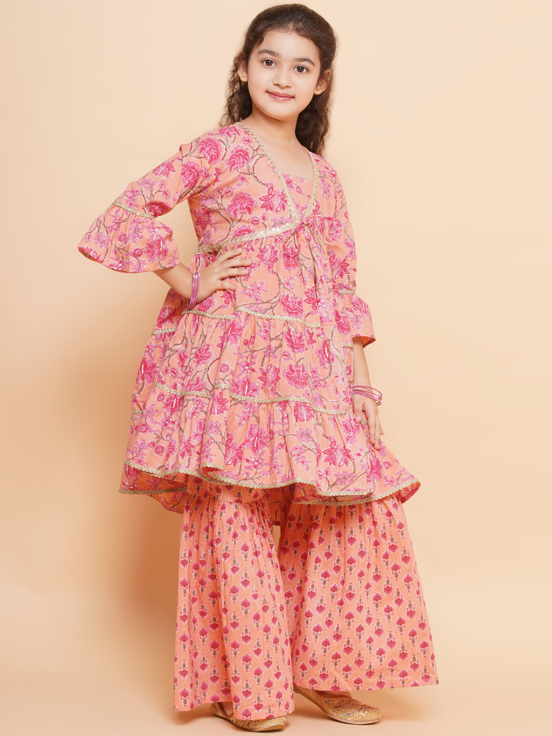 Bitiya by Bhama Girls Peach Printed V- Neck Kurta with Sharara