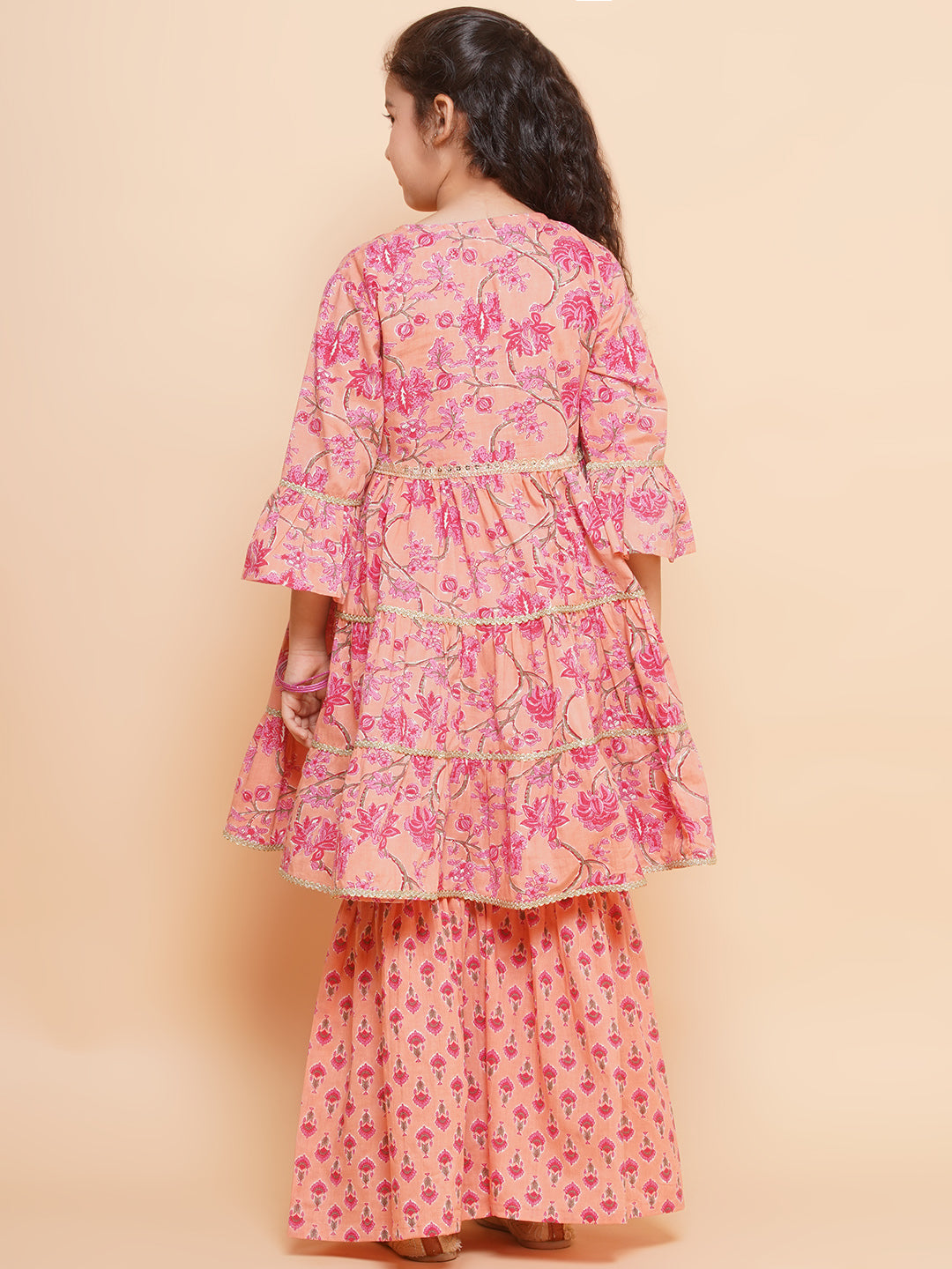Bitiya by Bhama Girls Peach Printed V- Neck Kurta with Sharara