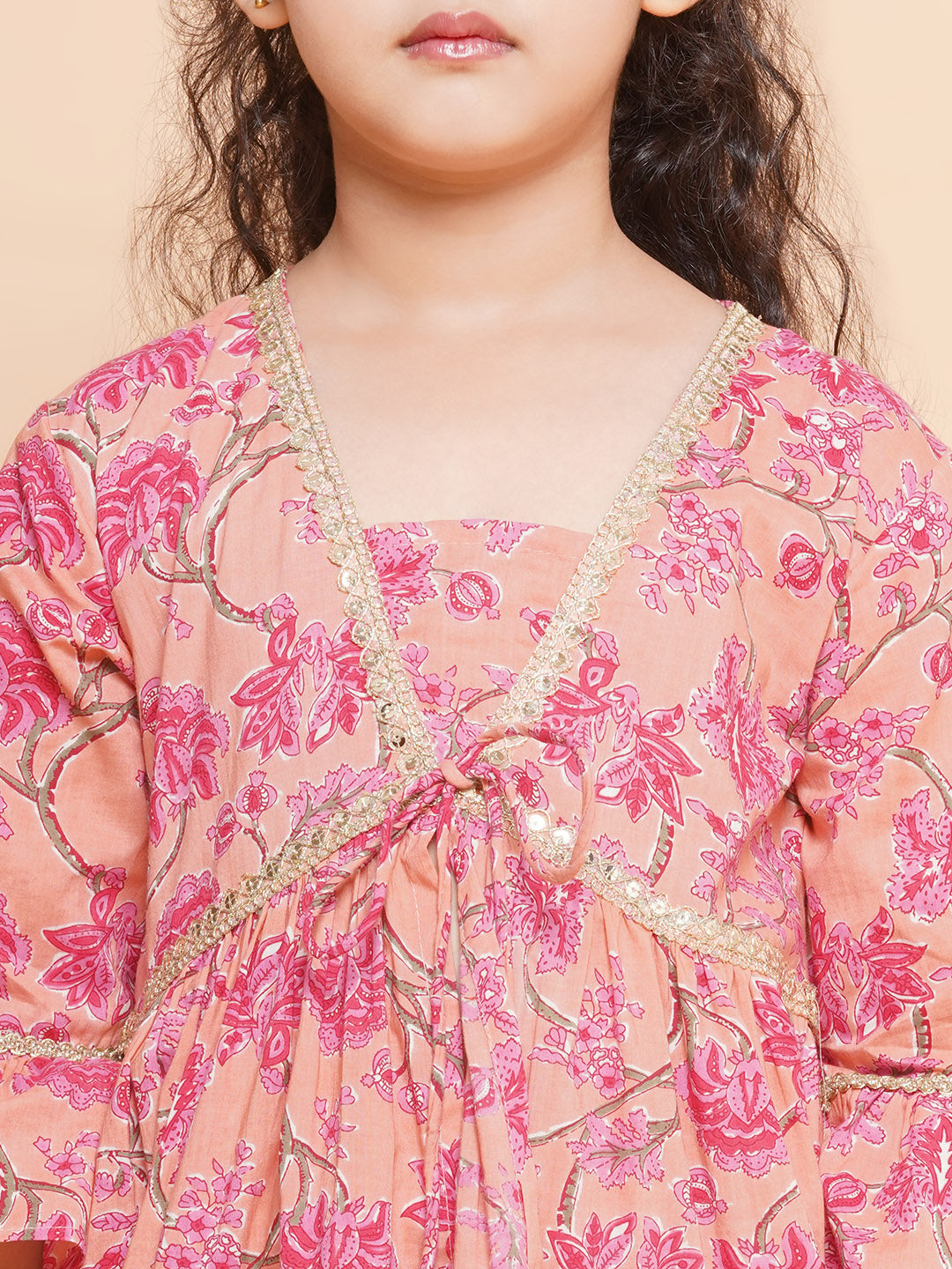 Bitiya by Bhama Girls Peach Printed V- Neck Kurta with Sharara