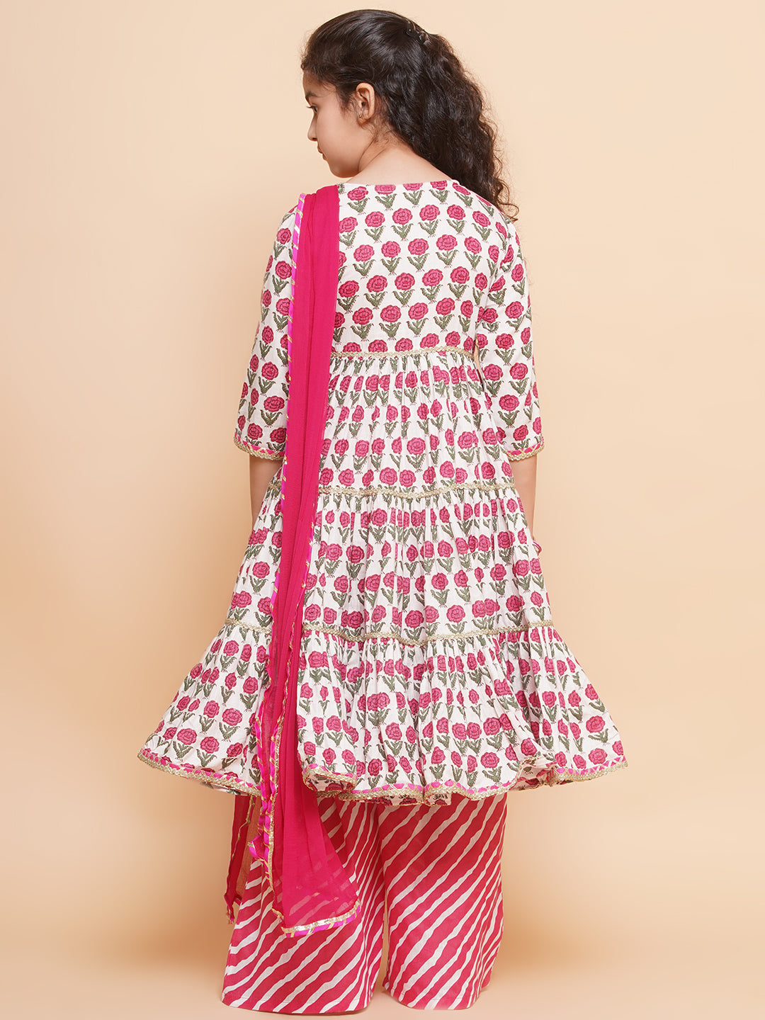 Bitiya by Bhama Girls Off-white Pink Printed Round- Neck Kurta with Plazzo with Dupatta