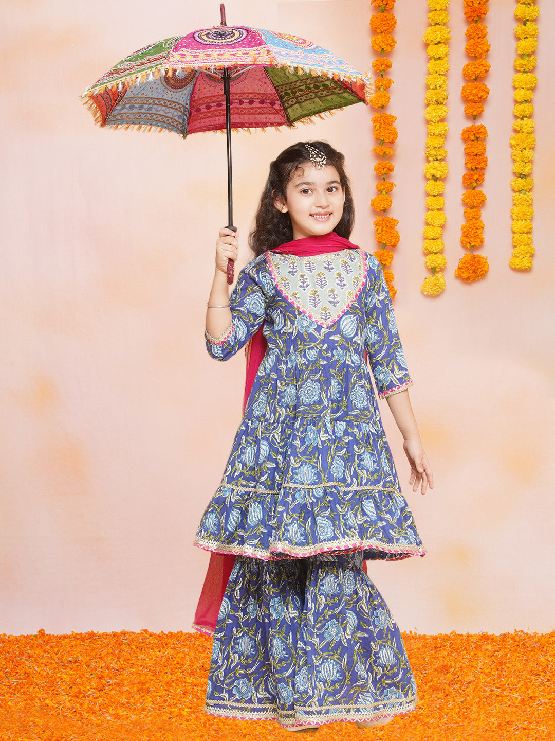 Bitiya by Bhama Girls Blue Floral Printed Round- Neck Kurta with Sharara with Dupatta