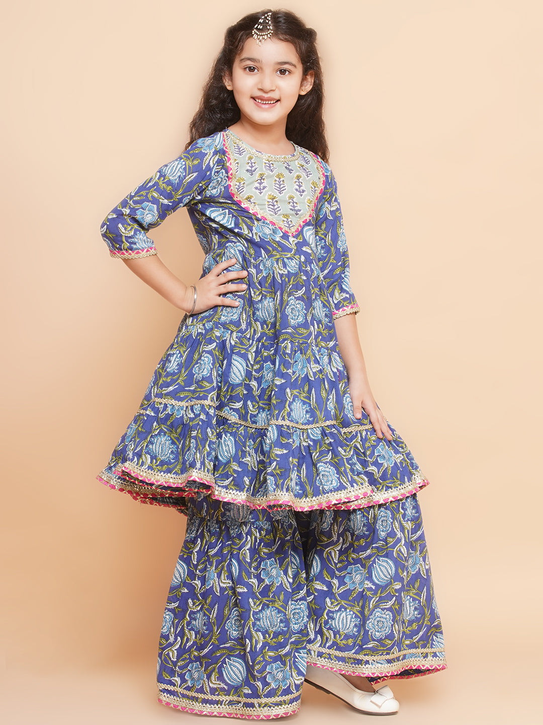 Bitiya by Bhama Girls Blue Floral Printed Round- Neck Kurta with Sharara with Dupatta