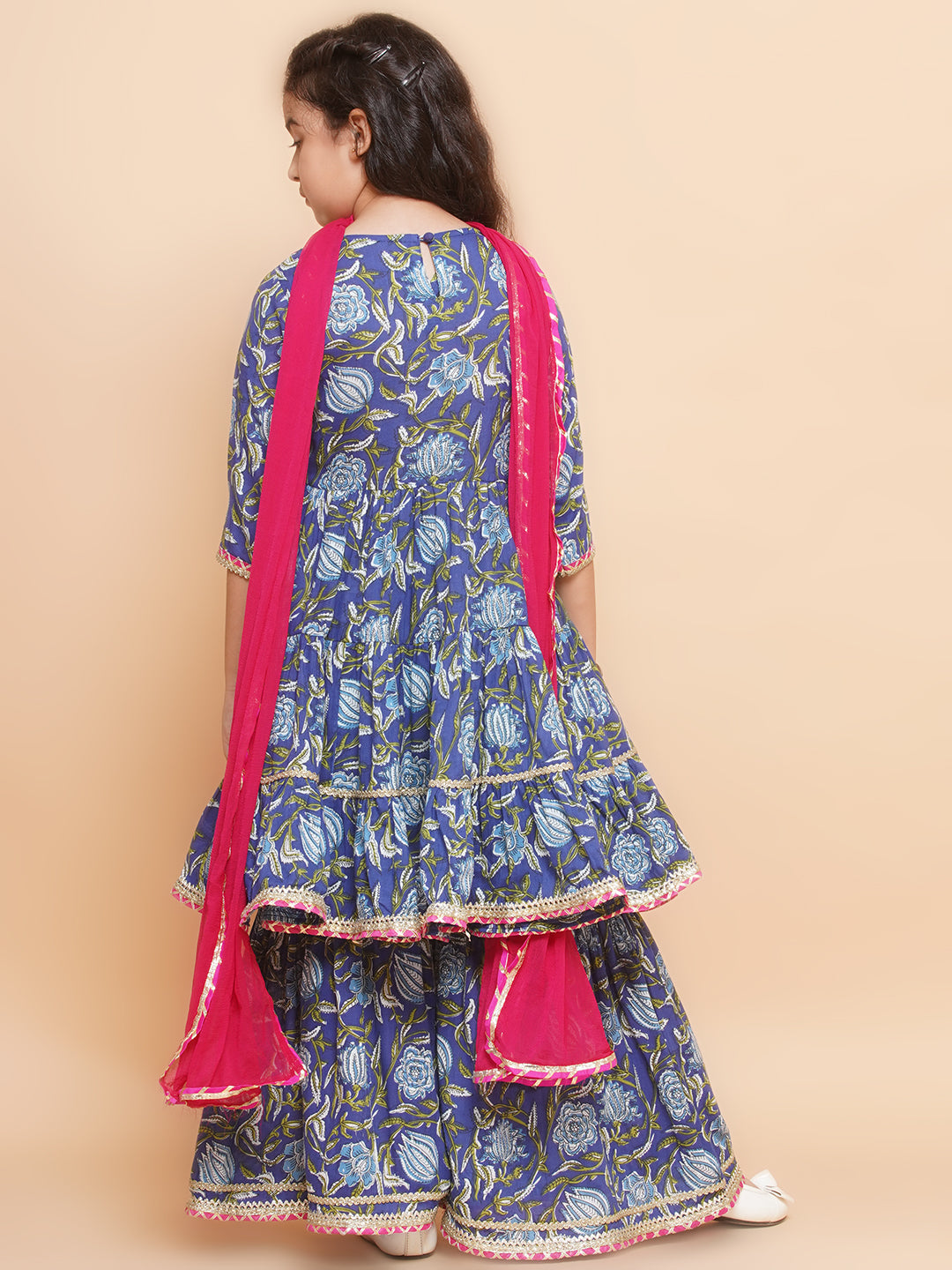 Bitiya by Bhama Girls Blue Floral Printed Round- Neck Kurta with Sharara with Dupatta