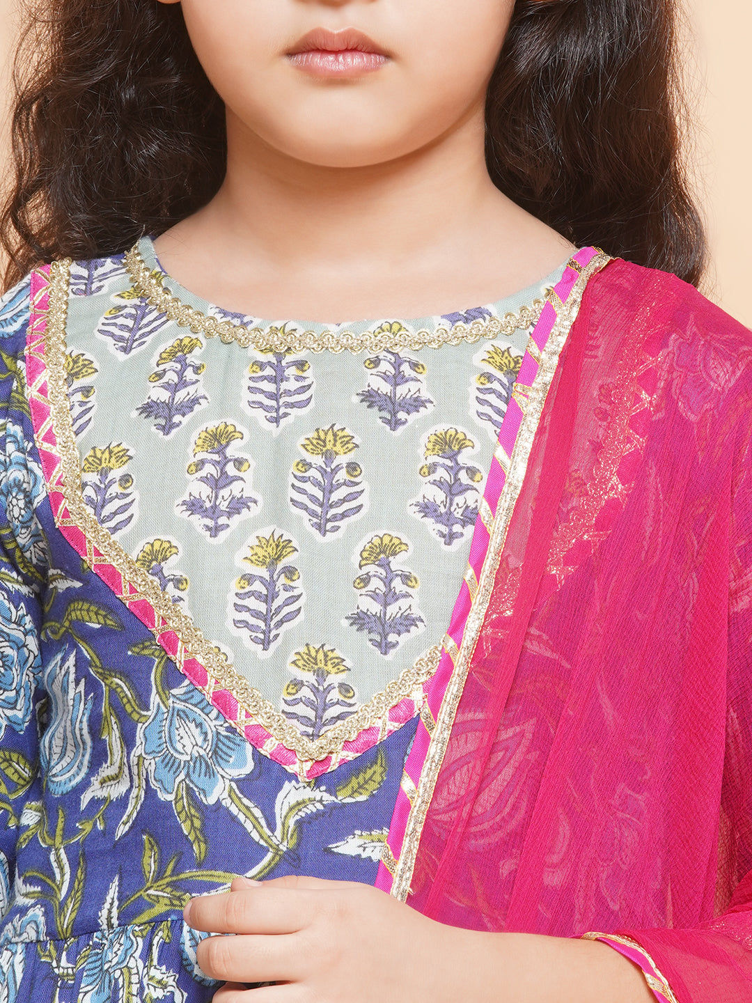 Bitiya by Bhama Girls Blue Floral Printed Round- Neck Kurta with Sharara with Dupatta