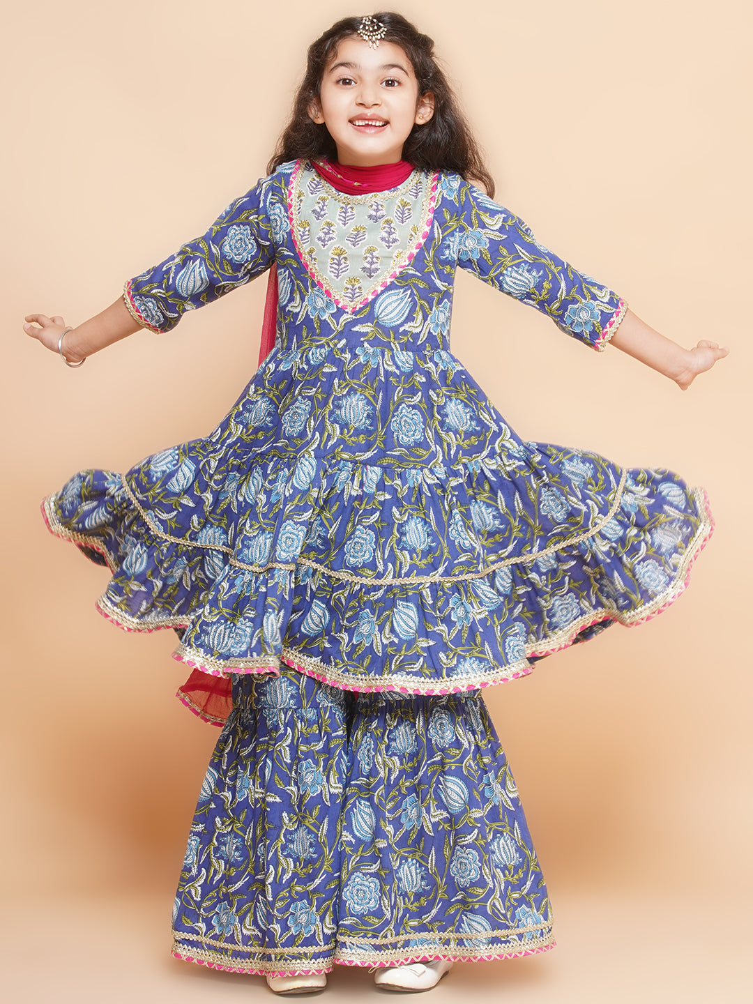 Bitiya by Bhama Girls Blue Floral Printed Round- Neck Kurta with Sharara with Dupatta