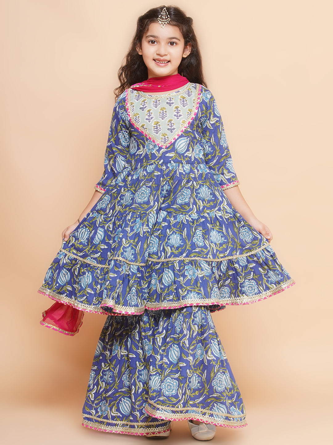 Bitiya by Bhama Girls Blue Floral Printed Round- Neck Kurta with Sharara with Dupatta