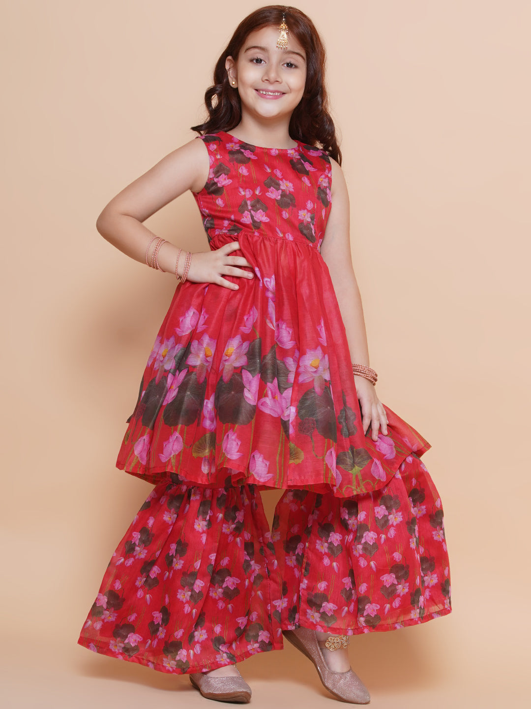 Bitiya by Bhama Girls Red Floral Printed Kurta With Sharara