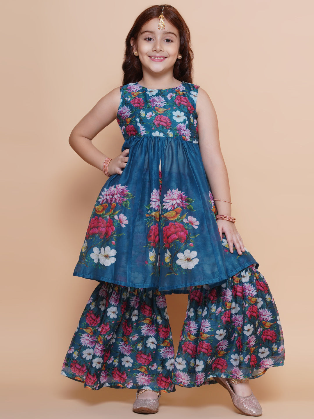 Bitiya by Bhama Girls Blue Floral Printed Kurta With Sharara