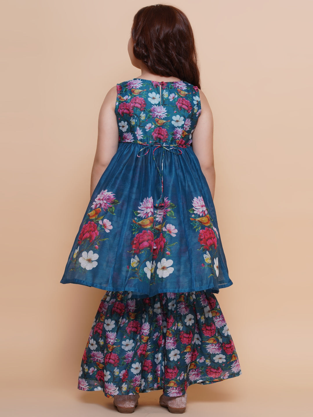 Bitiya by Bhama Girls Blue Floral Printed Kurta With Sharara