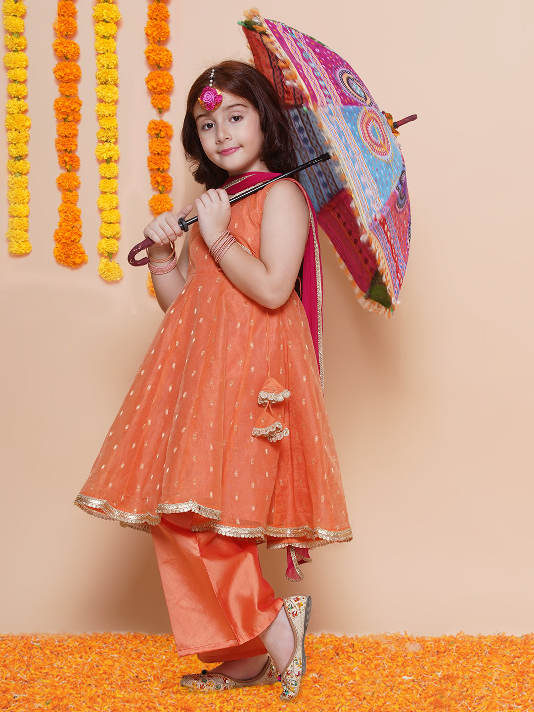 Bitiya by Bhama Girls Peach Orange booti Angrakha Gotta Patti Kurta & Trousers set With Dupatta