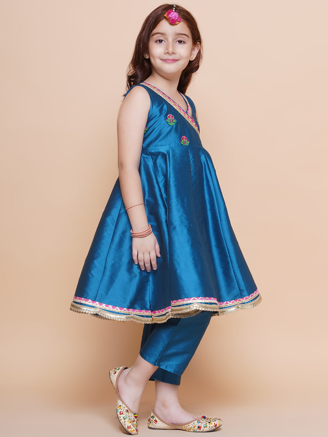 Bitiya by Bhama Girls Blue Embroidered Angrakha Kurta with Trousers set With Dupatta