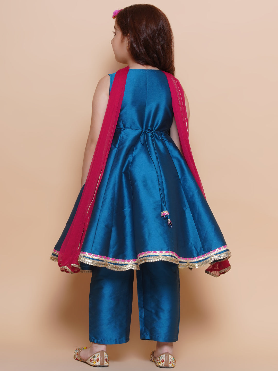 Bitiya by Bhama Girls Blue Embroidered Angrakha Kurta with Trousers set With Dupatta