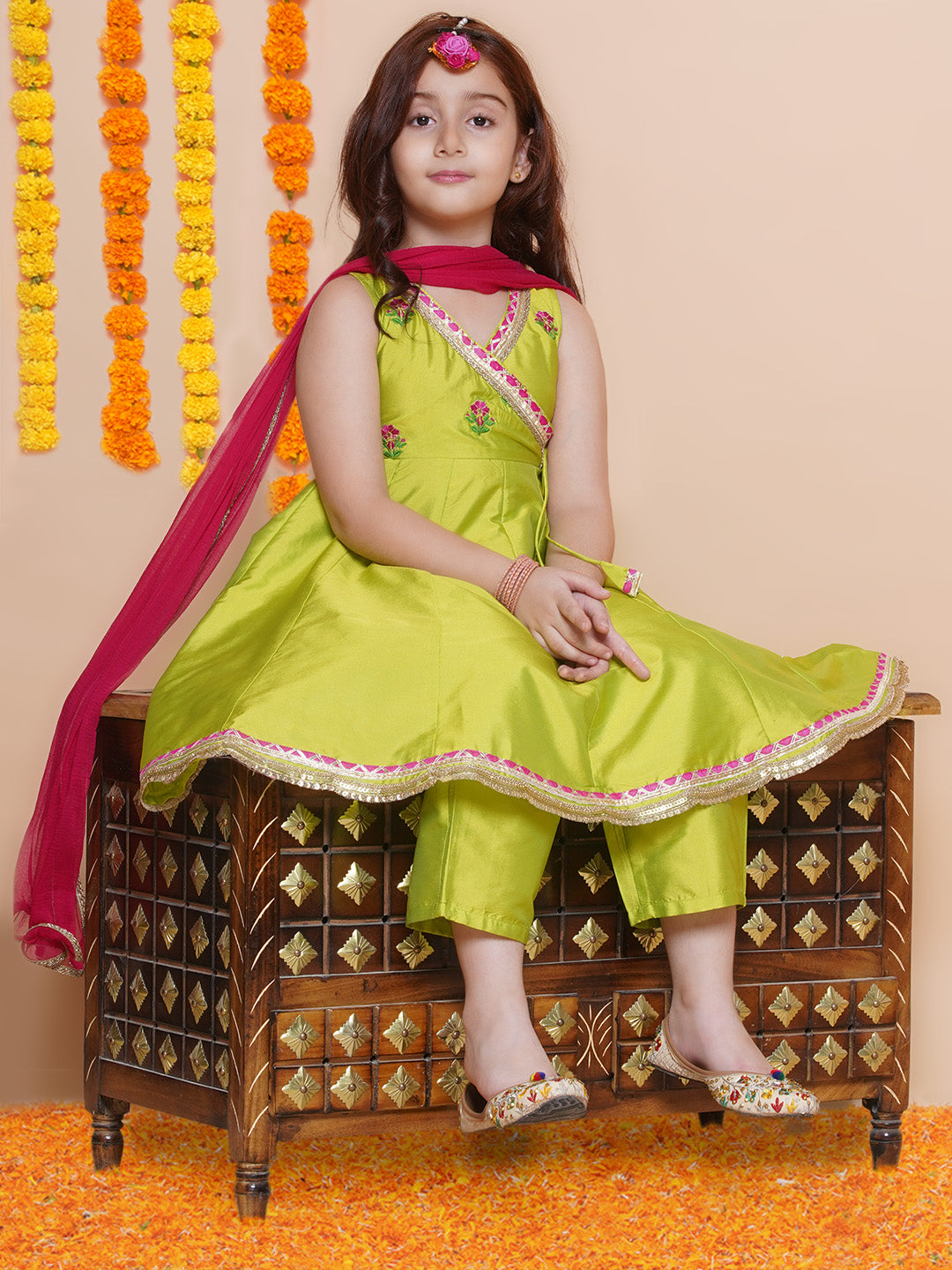 Bitiya by Bhama Girls Green Embroidered Angrakha Kurta with Trousers set With Dupatta