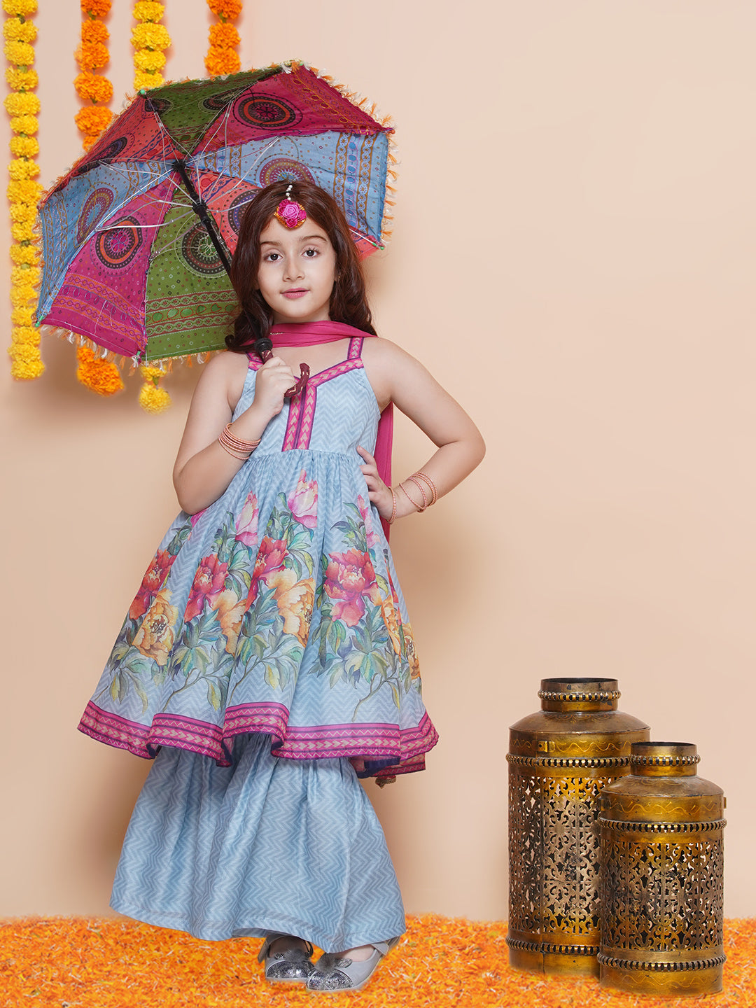 Bitiya by Bhama Girls Blue Floral Printed Kurta With Sharara with Dupatta