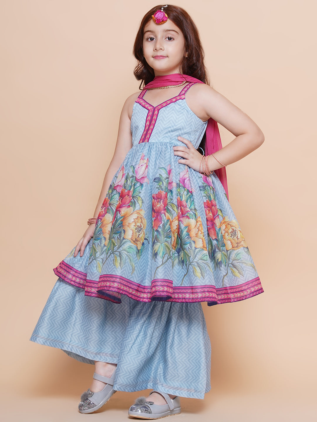 Bitiya by Bhama Girls Blue Floral Printed Kurta With Sharara with Dupatta