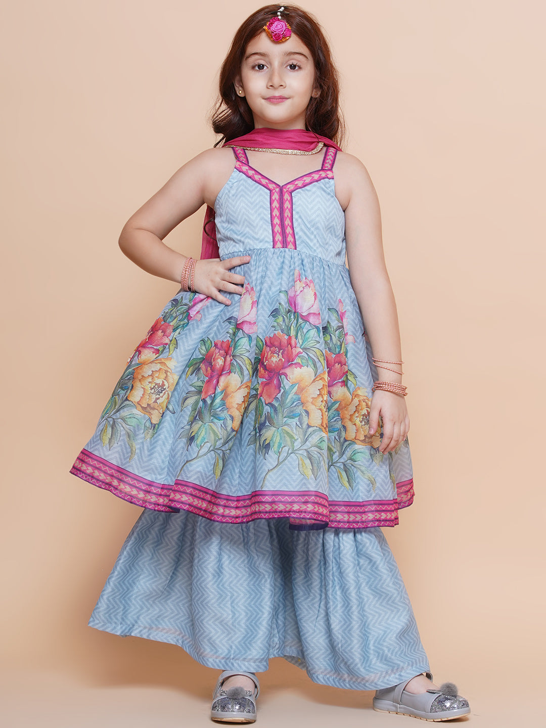 Bitiya by Bhama Girls Blue Floral Printed Kurta With Sharara with Dupatta