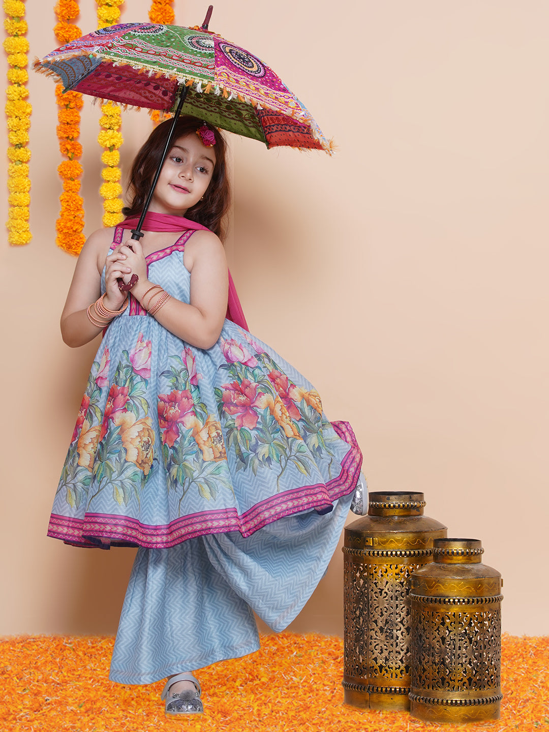 Bitiya by Bhama Girls Blue Floral Printed Kurta With Sharara with Dupatta