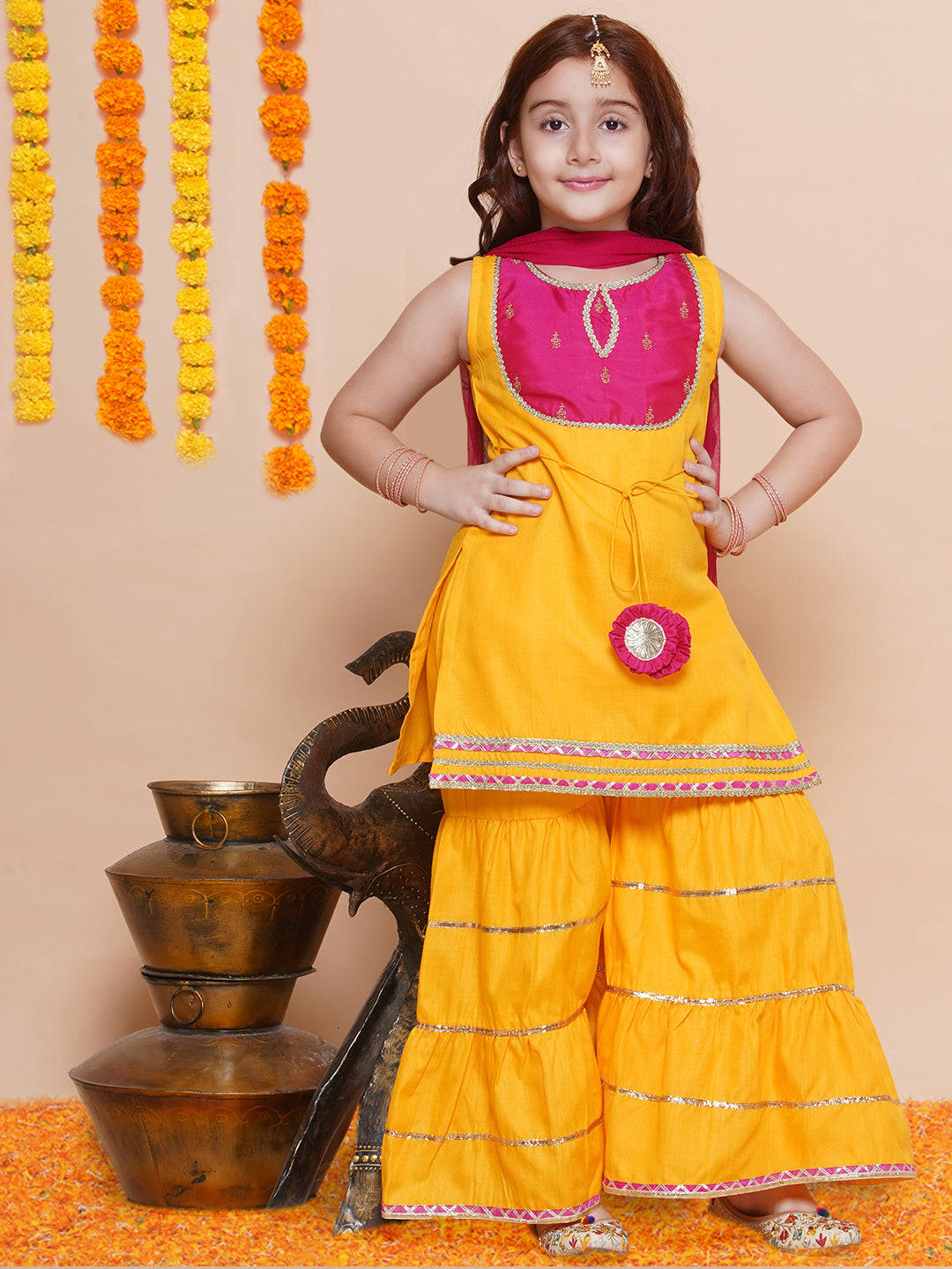 Bitiya by Bhama Girls Yellow Cotton Kurta with Sharara set with Dupatta