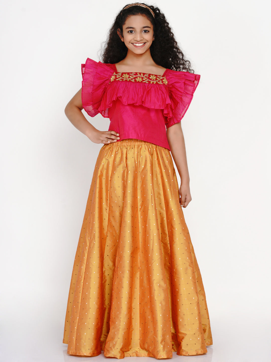 Bitiya By Bhama Girls Pink & Orange Thread Work Ready To Wear Lehenga & Blouse