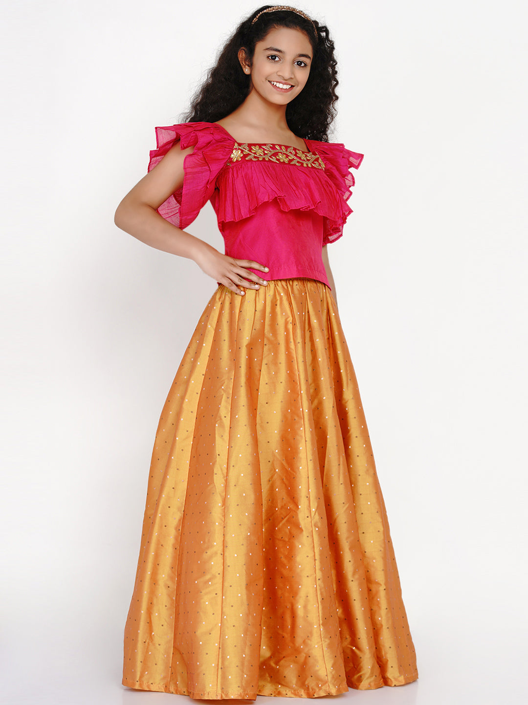 Bitiya By Bhama Girls Pink & Orange Thread Work Ready To Wear Lehenga & Blouse