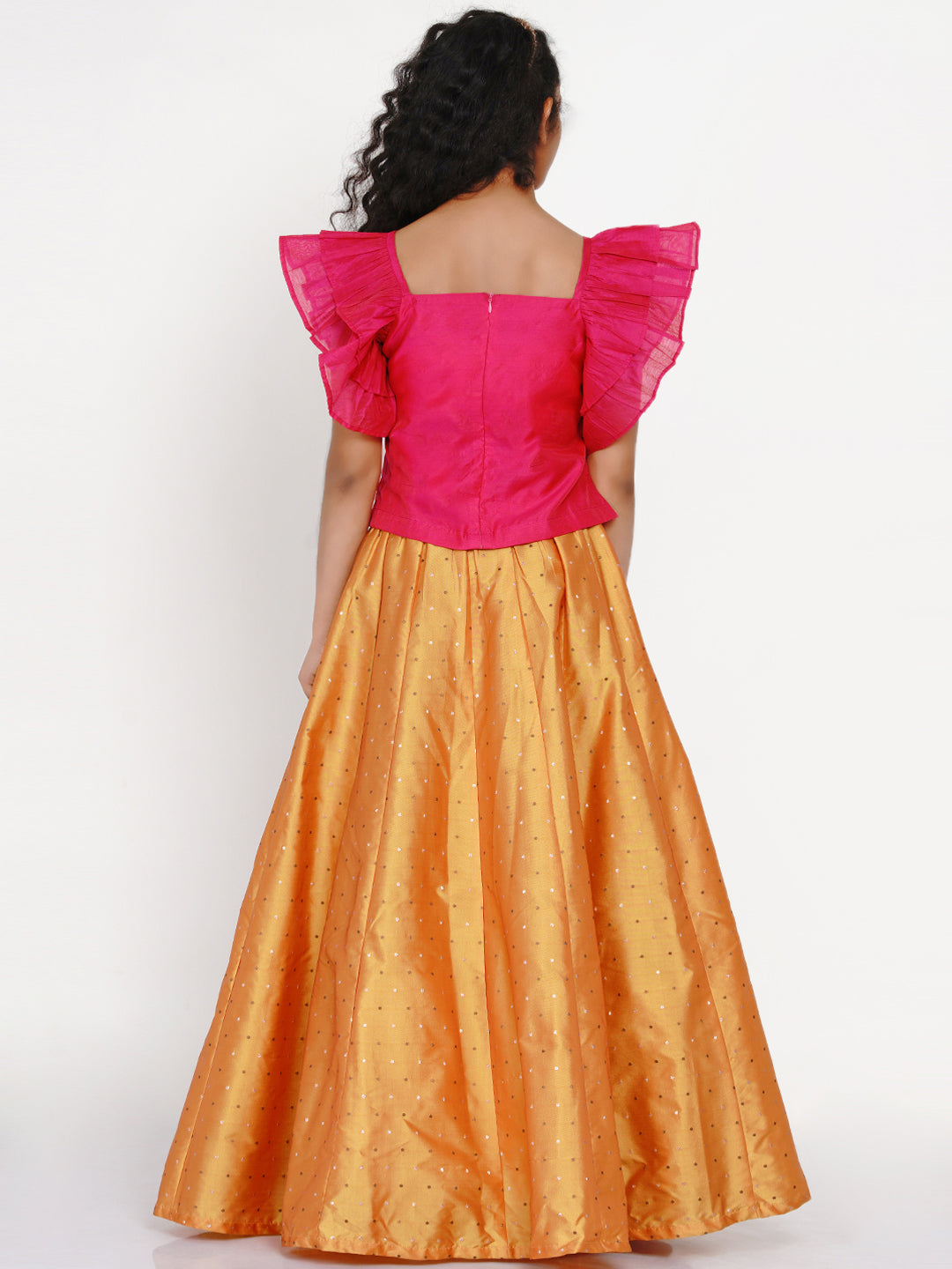 Bitiya By Bhama Girls Pink & Orange Thread Work Ready To Wear Lehenga & Blouse