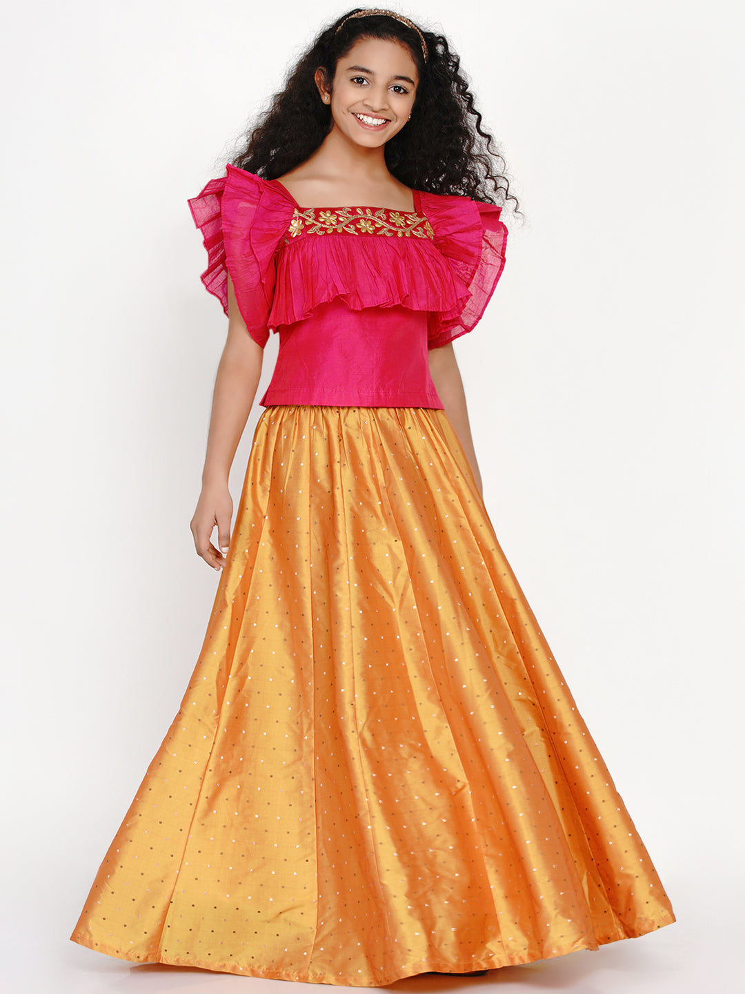 Bitiya By Bhama Girls Pink & Orange Thread Work Ready To Wear Lehenga & Blouse