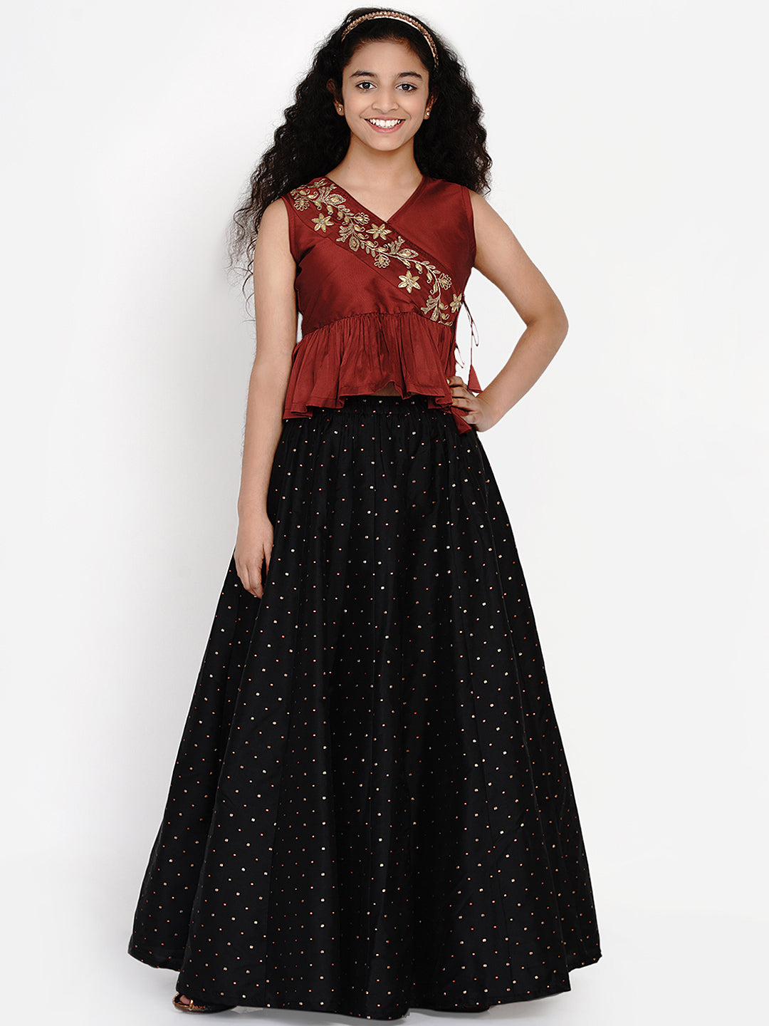 Bitiya By Bhama Maroon & Black Printed Ready To Wear Lehenga With Blouse