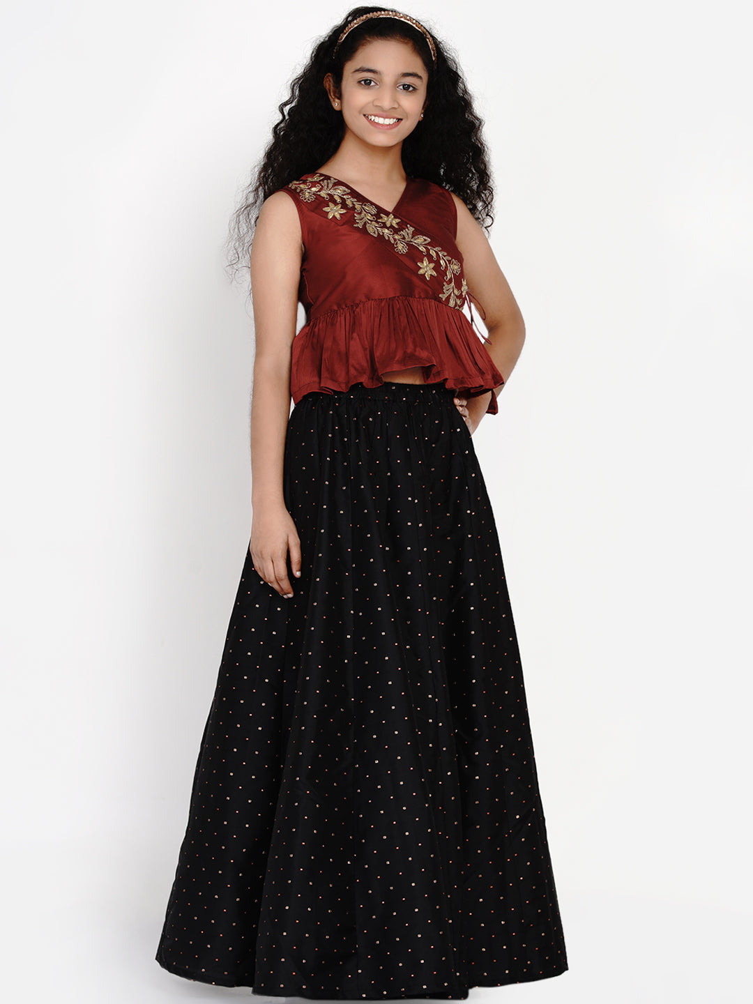 Bitiya By Bhama Maroon & Black Printed Ready To Wear Lehenga With Blouse