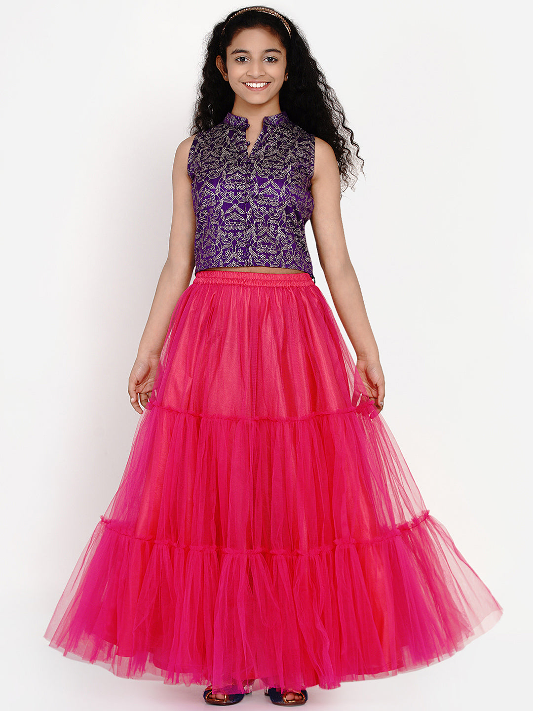 Bitiya By Bhama Girls Purple & Pink Block Print Ready To Wear Lehenga Choli