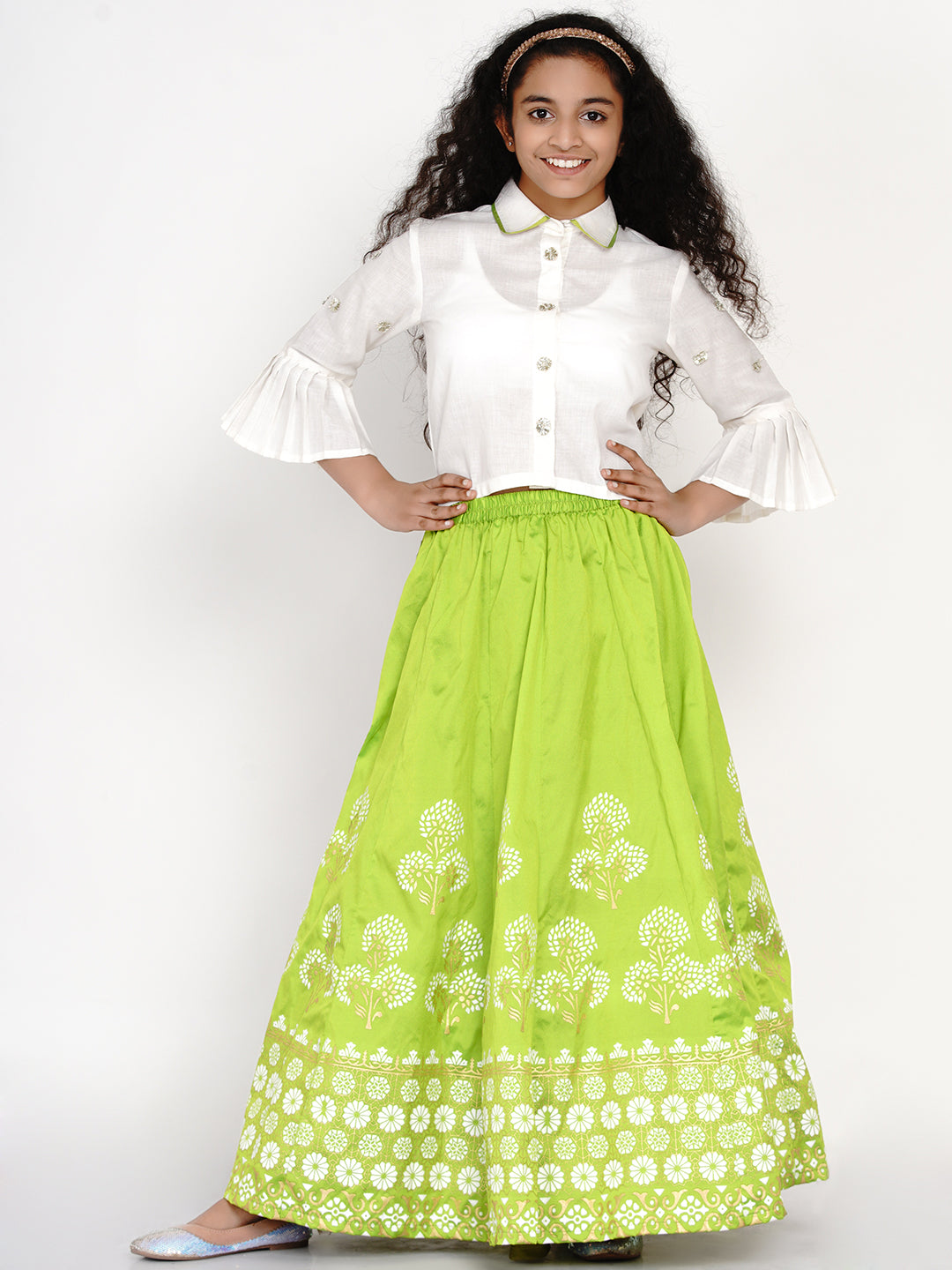 Bitiya by Bhama Girls White & Green Block Print Ready to Wear Lehenga & Blouse