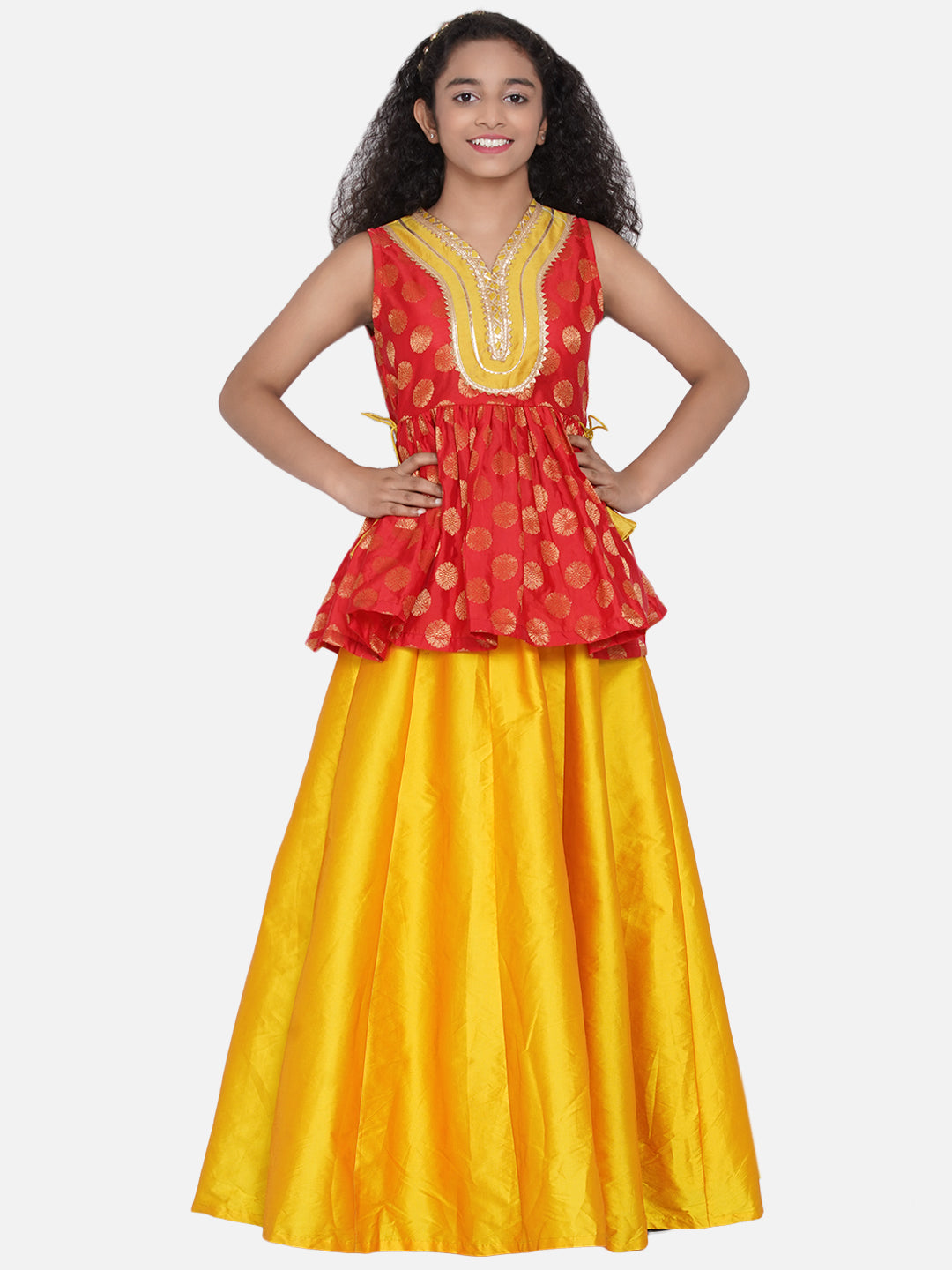 Bitiya by Bhama Girls Red & Mustard Yellow Woven Design Gota Patti Ready to Wear Lehenga