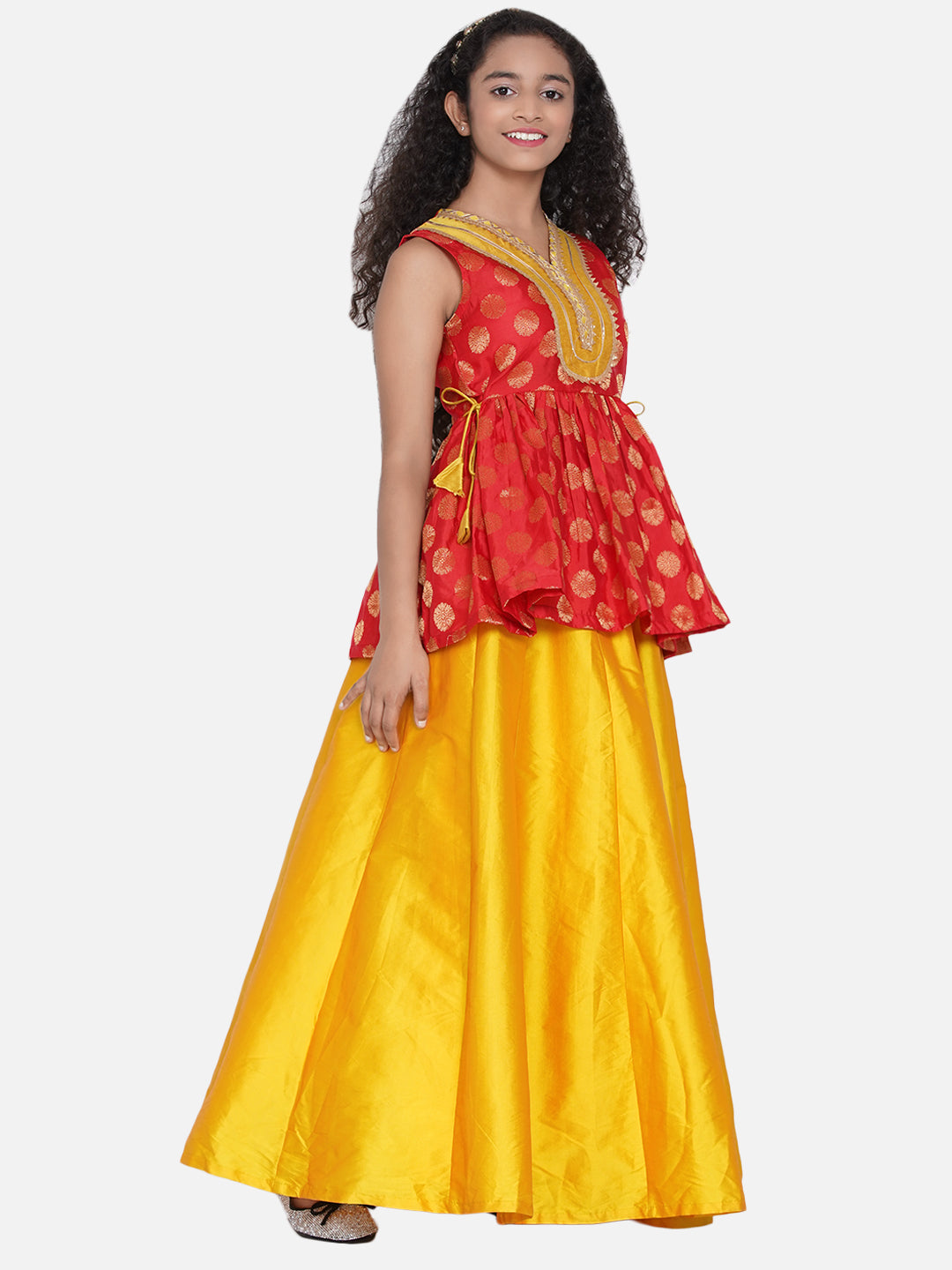 Bitiya by Bhama Girls Red & Mustard Yellow Woven Design Gota Patti Ready to Wear Lehenga