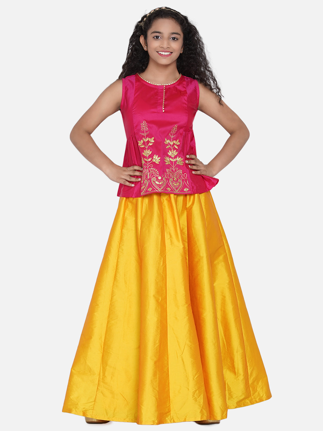 Bitiya by Bhama Girls Pink & Magenta Pink Embroidered Ready to Wear Lehenga Choli