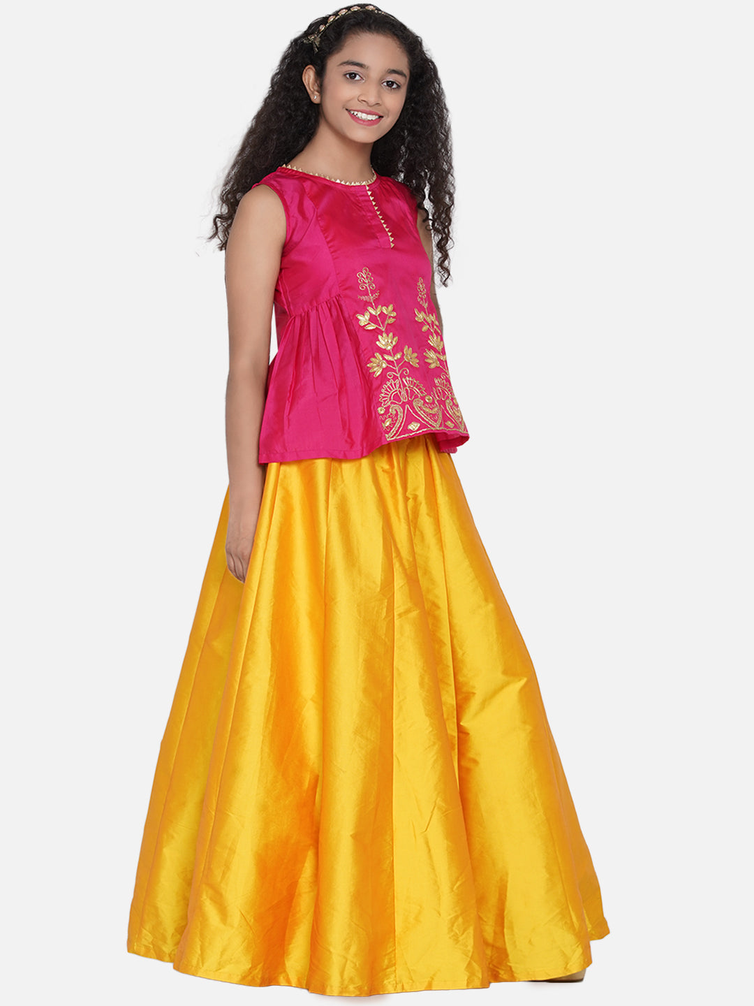 Bitiya by Bhama Girls Pink & Magenta Pink Embroidered Ready to Wear Lehenga Choli