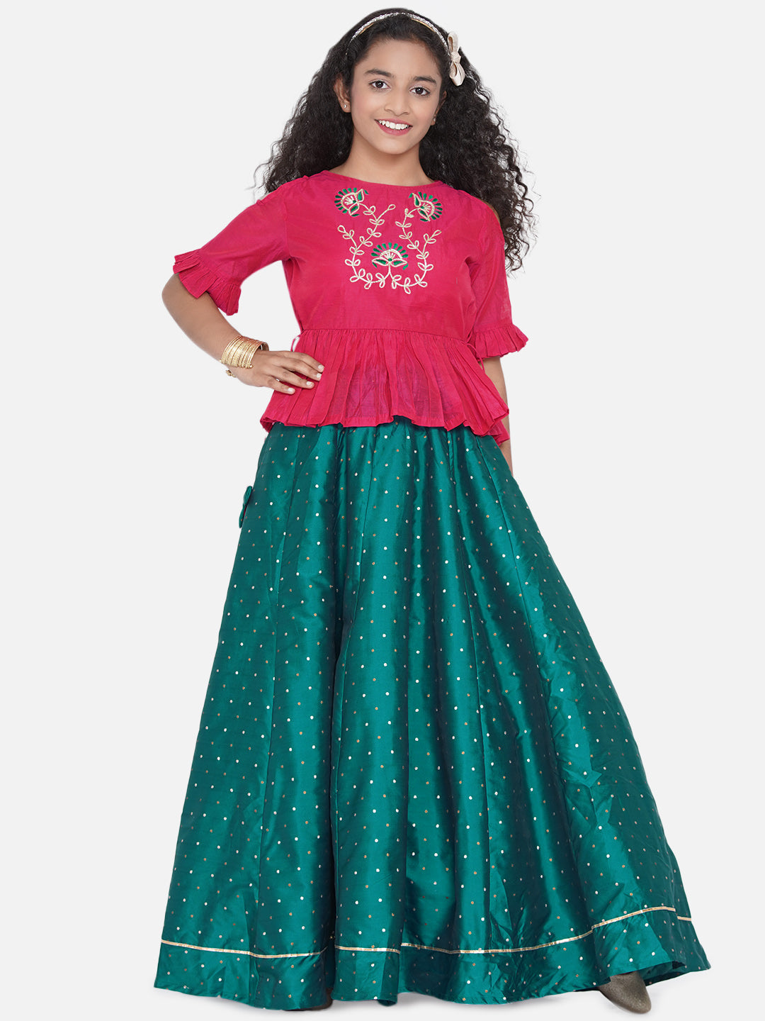 Bitiya By Bhama Girls Pink & Green Embroidered Choli Ready To Wear Lehenga
