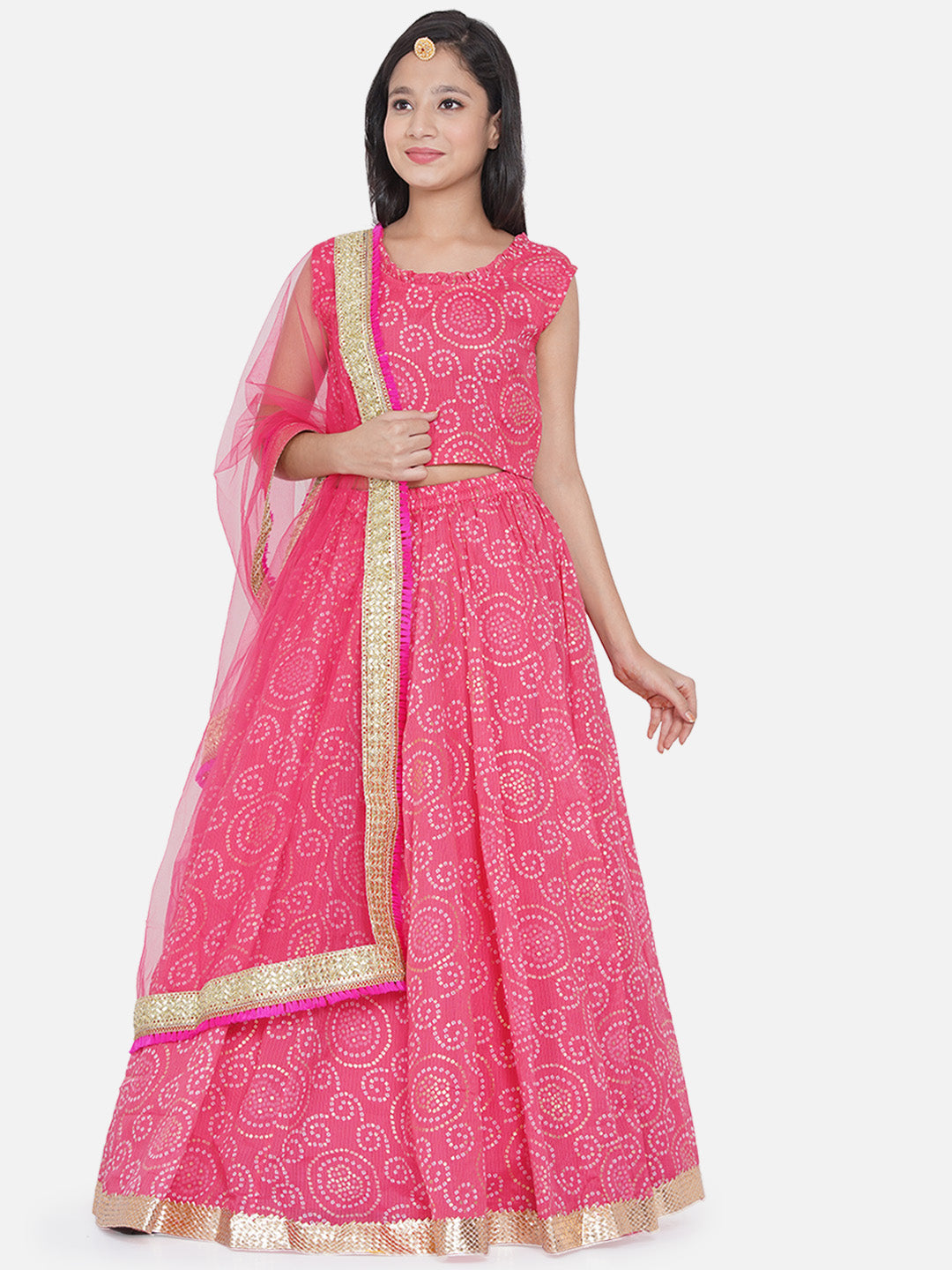 Bitiya By Bhama Girls Pink & White Printed Ready To Wear Lehenga & Blouse With Dupatta