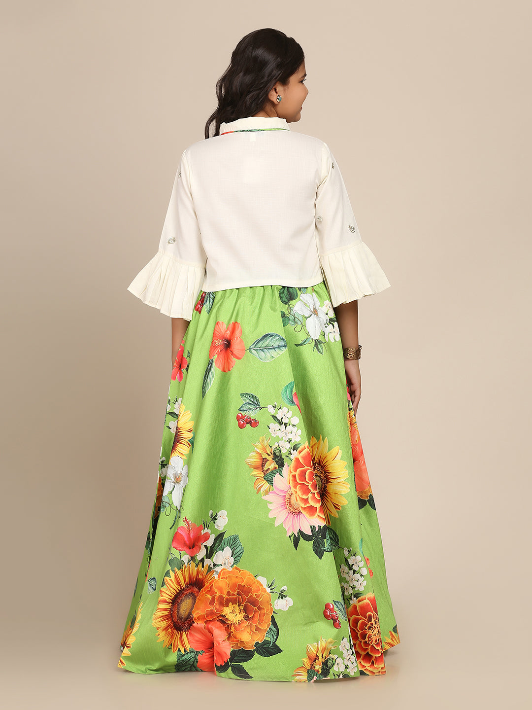 Bitiya by Bhama Girls Lime Green & White Floral Printed Ready To Wear Lehenga Choli