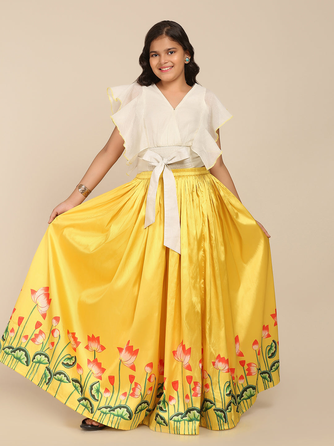 Bitiya By Bhama Girls Off White & Yellow Ready To Wear Lehenga & Choli