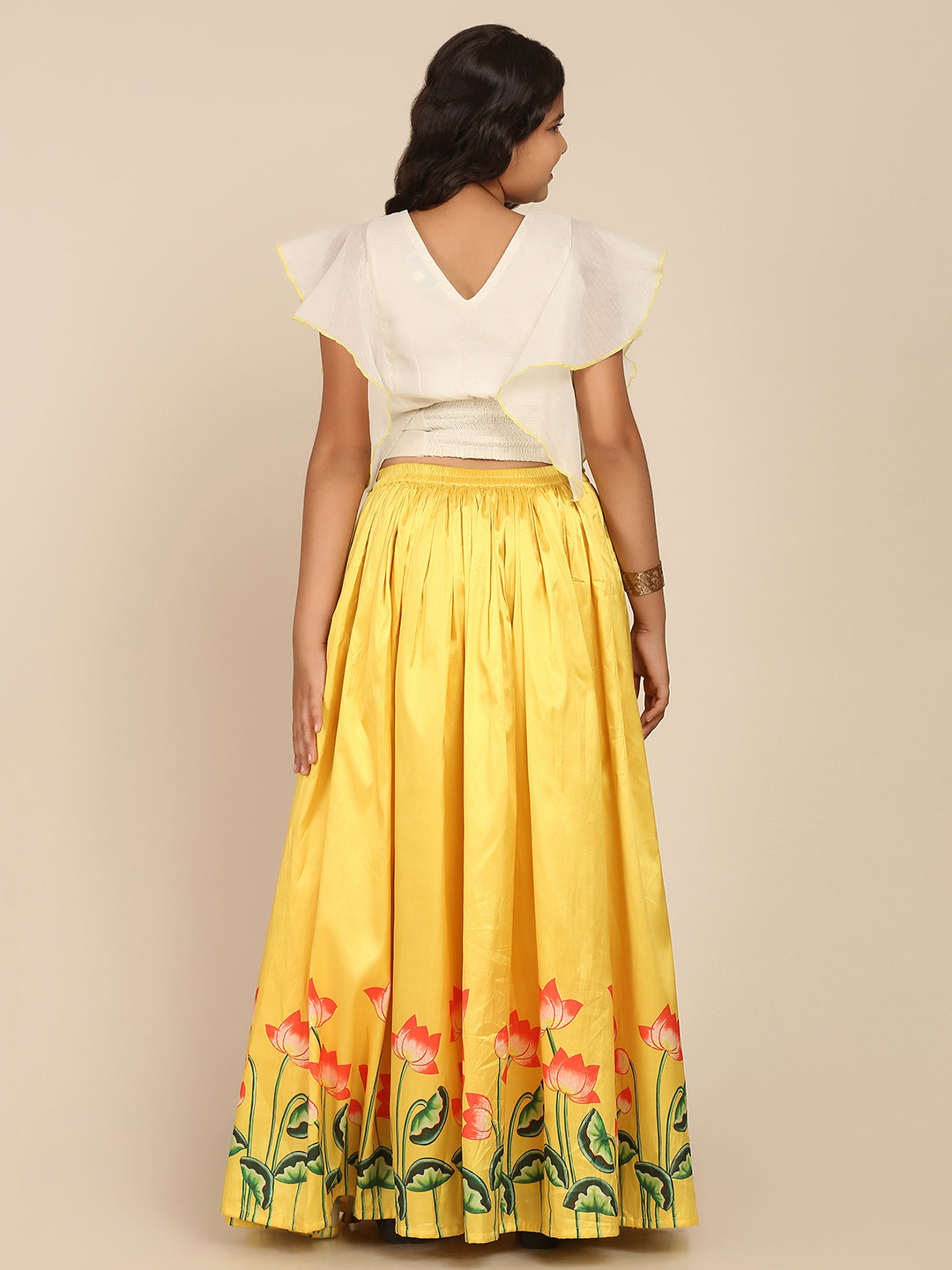 Bitiya By Bhama Girls Off White & Yellow Ready To Wear Lehenga & Choli