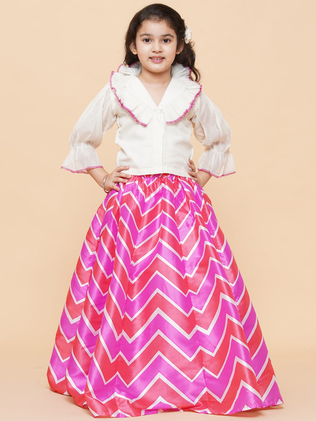 Bitiya By Bhama Girls Pink Leheriya Printed Ready To Wear Lehenga With White Blouse