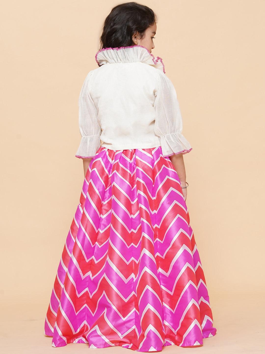 Bitiya By Bhama Girls Pink Leheriya Printed Ready To Wear Lehenga With White Blouse