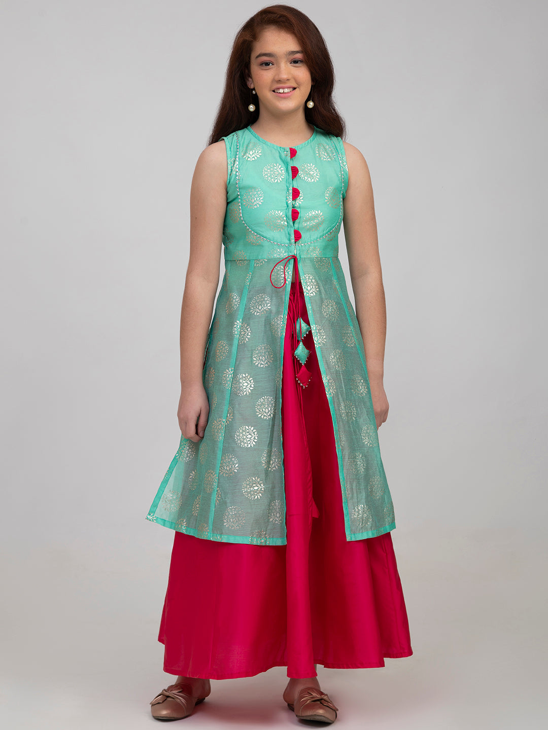 Bitiya By Bhama Girls Sea Green & Pink Printed Foil Print Ready To Wear Lehenga Choli