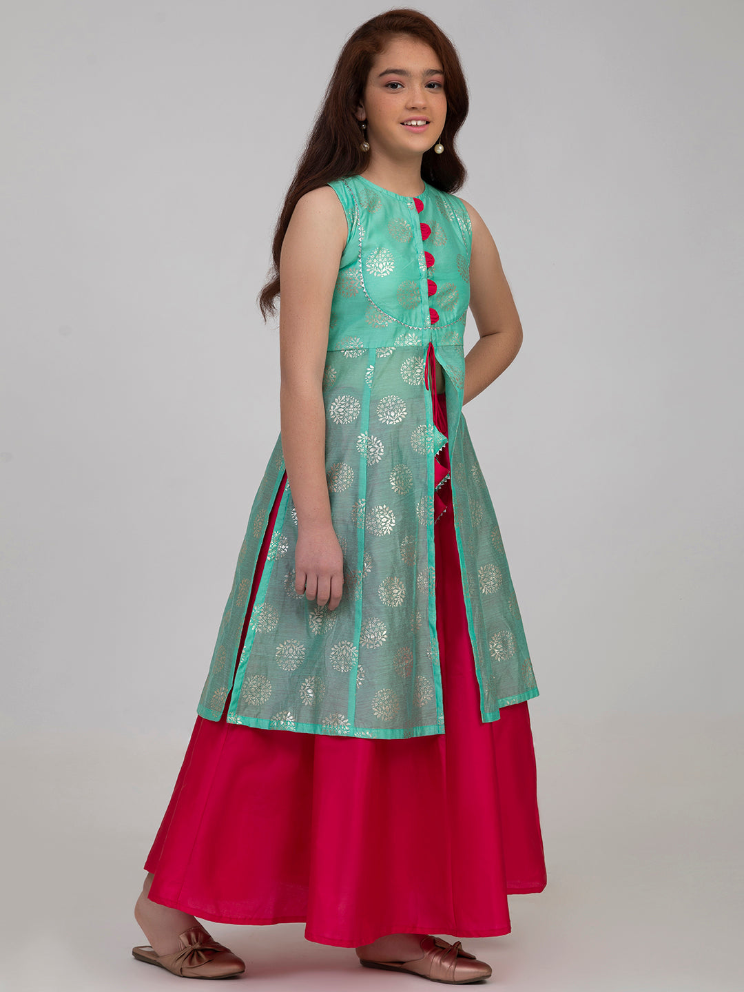 Bitiya By Bhama Girls Sea Green & Pink Printed Foil Print Ready To Wear Lehenga Choli