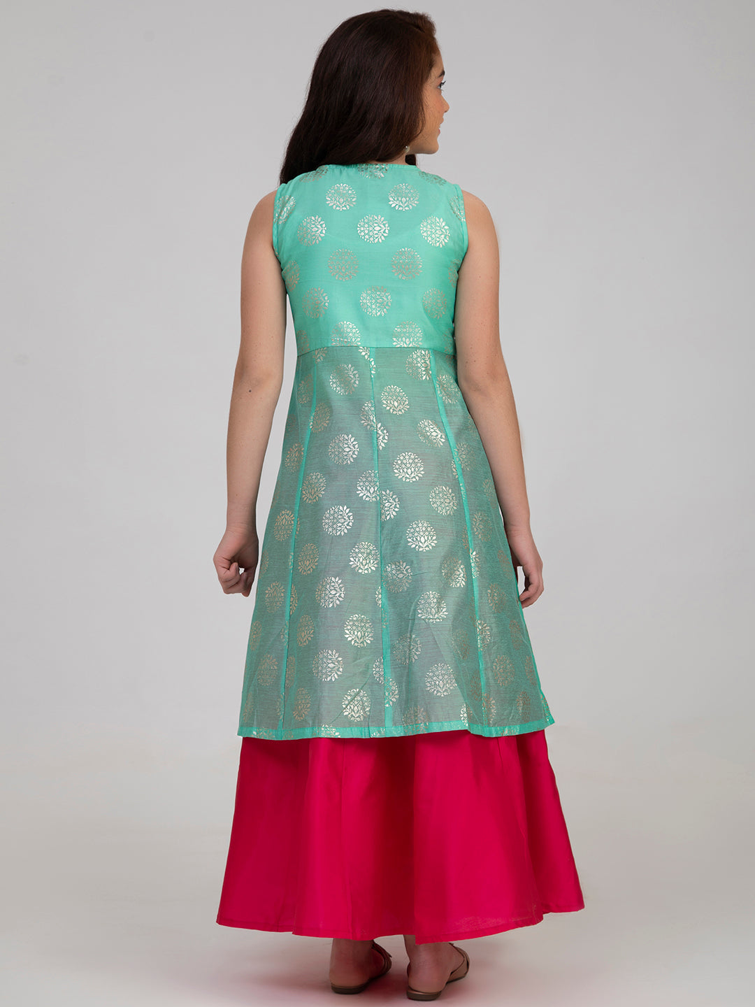 Bitiya By Bhama Girls Sea Green & Pink Printed Foil Print Ready To Wear Lehenga Choli