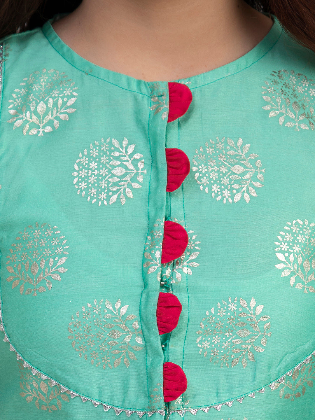 Bitiya By Bhama Girls Sea Green & Pink Printed Foil Print Ready To Wear Lehenga Choli